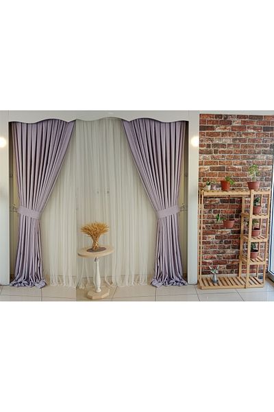 FİGENSİ Light Lilac Color Background Velvet Curtain Double Wing 1/3 Close Pleated Planting V-31