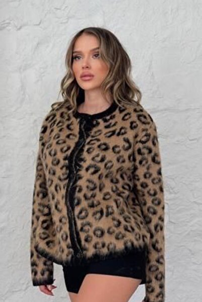 Ded COLLECTION Γυναικεία πλεκτή ζακέτα με μακρυμάνικο γένια με κουμπιά με λεοπάρ