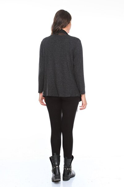 Zer Otantik Chiffon Shawl Collar Large Size Cardigan with Pockets Black