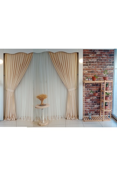 FİGENSİ Fil Dişi Renk Fon kadife Perde Çift Kanat 1/3 Sık Pileli Dikim V-03