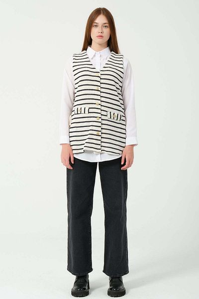 Hatun Atila Λευκό ριγέ LineunAtila Knitwear Γιλέκο 7707