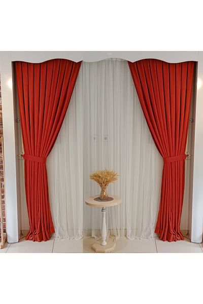 FİGENSİ Tile Color Background Velvet Curtain Double Wing 1/3 Close Pleated Planting V-14