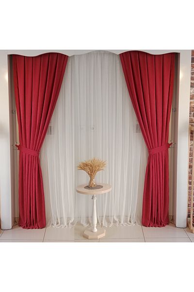 FİGENSİ Red Velvet Curtain - Double Blades, Close Pleated Planting V-39