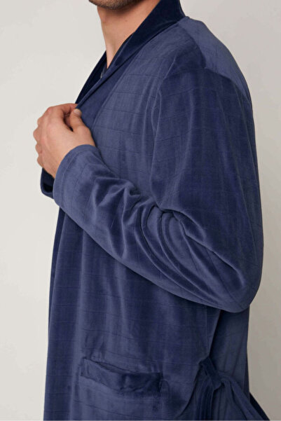 AYYILDIZ 57431 Erkek Lacivert Kadife Uzun Sabahlık