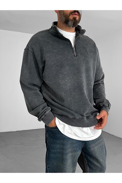 BYBASICMAN Anthracite Forever Embroidered Half Zip Sweat Pm-148