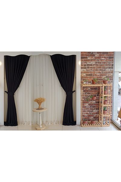 FİGENSİ Black Color Background Velvet Curtain Double Wing 1/3 Close Pleated Planting V-45