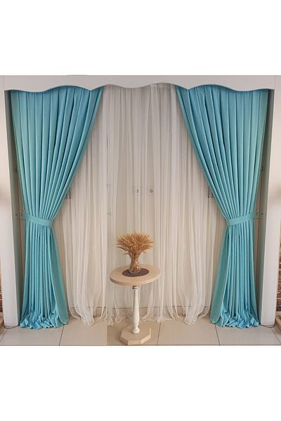 FİGENSİ Turquoise Color Background Velvet Curtain Double Wing 1/3 Close Pleated Planting V-22
