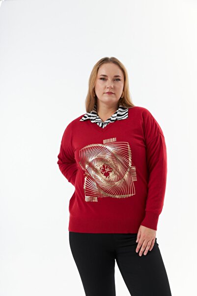 RMG Plus Size V-Neck Cashmere Blended Patterned Knitwear Sweater Red