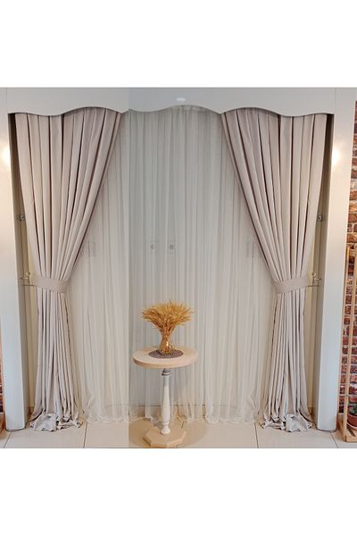 FİGENSİ Bone Colored Background Velvet Curtain - Double Blades, Close Pleated Planting V-42