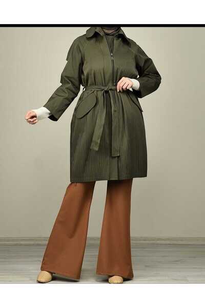 RİGALA Yeşil Kemerlli Keten Pardesü