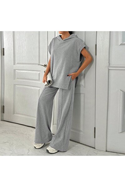 onlymoon Kadın Gri 3 İplik 2'li Spor Takım ♦ Kapüşonlu ♦ Rahat Günlük ♦ Modern Tesettür Giyim