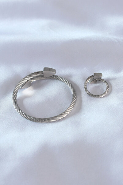 Clariss Steel Silver Color Twisted Model Men's Bracelet Ring Set