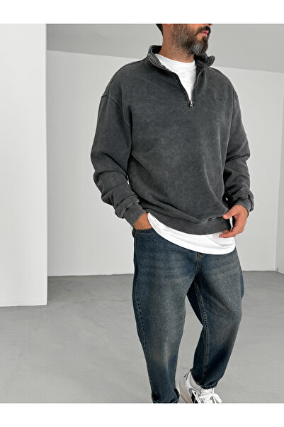 BYBASICMAN Anthracite Forever Embroidered Half Zip Sweat Pm-148