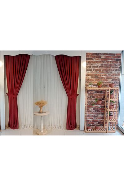 FİGENSİ Claret Red Color Background Velvet Curtain Double Wing 1/3 Close Pleated Planting V-41