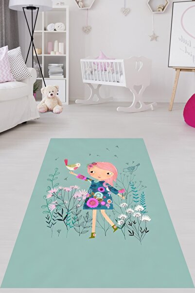 on the clouds Kızın Elindeki Kuş Bahar Desen Yıkanabilir Kaymaz Taban Leke Tu...