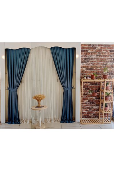 FİGENSİ Petrol Blue Color Background Velvet Curtain Double Wing 1/3 Close Pleated Planting V-33