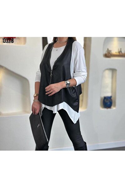 Hesira Women's Long Sleeve Asymmetric Cut Blouse and Asymmetric Cut Zipper Detail Leather Vest Double Set