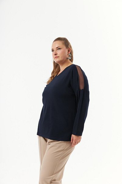 RMG Large Size Shoulder and Back Stone Detail Knitted Blouse Navy Blue