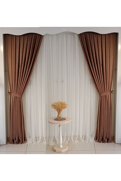 FİGENSİ Medium Brown Color Background Velvet Curtain Double Wing 1/3 Close Pleated Planting V-11