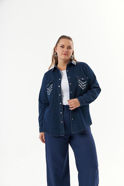 RMG Blue Denim Shirt - Plus Size, Collar and Pocket Accessories