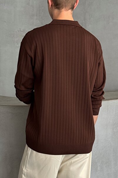 HYMAN Erkek Polo Yaka Fitilli Oversize Triko Kazak