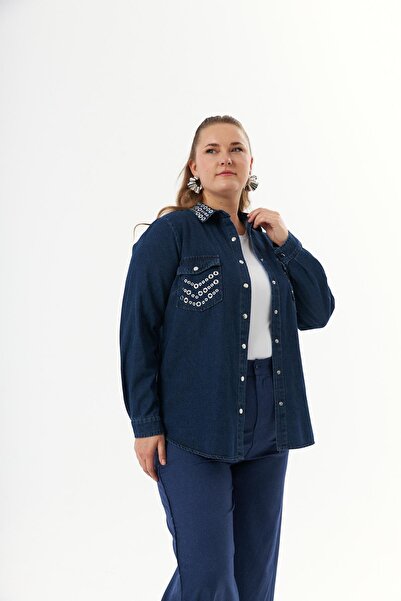 RMG Büyük Beden Yaka ve Cep Aksesuarlı  Denim Gömlek Mavi