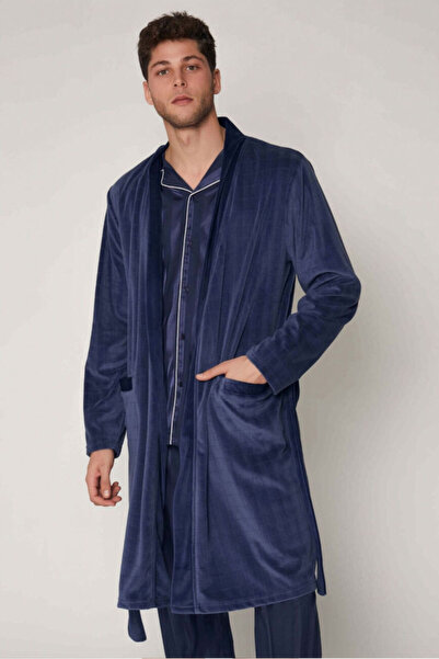 AYYILDIZ 57431 Erkek Lacivert Kadife Uzun Sabahlık