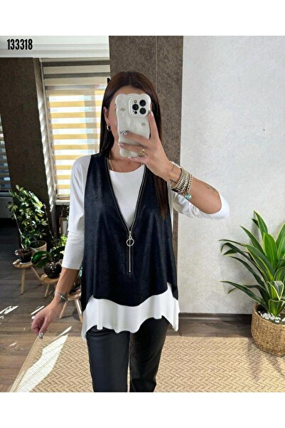 Hesira Women's Long Sleeve Asymmetric Cut Blouse and Asymmetric Cut Zipper Detail Leather Vest Double Set