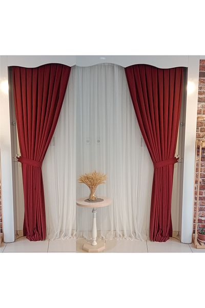 FİGENSİ Claret Red Color Background Velvet Curtain Double Wing 1/3 Close Pleated Planting V-41