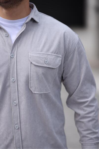 Valiberta Çift Cepli Dolgu Fitilli Erkek Kadife Gömlek - Açık Gri
