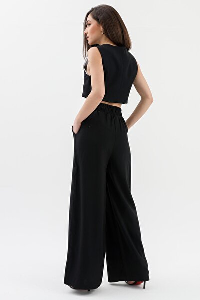 VAPUR TEKSTİL Polyviscose Trousers with Elastic Waist Pockets - Black