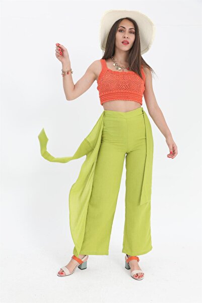 VAPUR TEKSTİL Light Green Linen Trousers - Front Tie