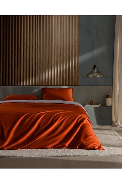 Madame Coco Delit King Size 100% Cotton Printed Satin Duvet Cover Set - Orange
