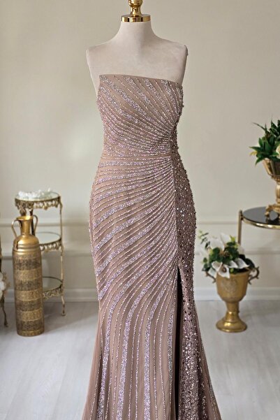 Yonca Moda Evi Gold Balık Yırtmaçlı Taşlı Abiye 656