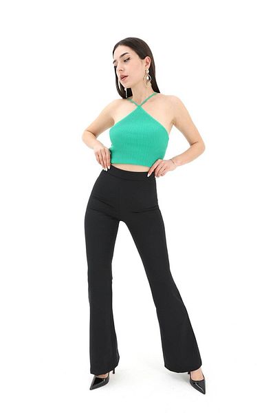 VAPUR High Waist Hidden Zipper Flared Leg Atlas Fabric Trousers - Black