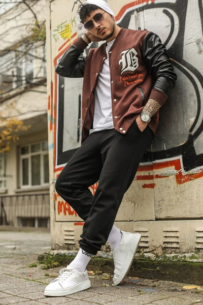 Agolady Unisex Bs Kahve Nakışlı Kolej Yaka Ceket Deri Kol