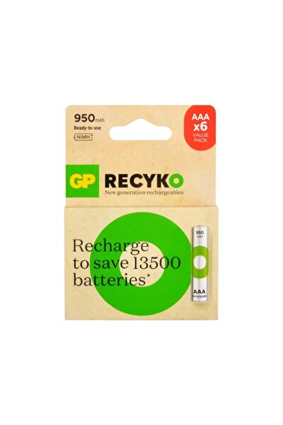 GP Şarjlı Pil-GP ReCyko - 950 mAh- 1.2 V Ni-MH- 6'lı AAA  İnce Kalem