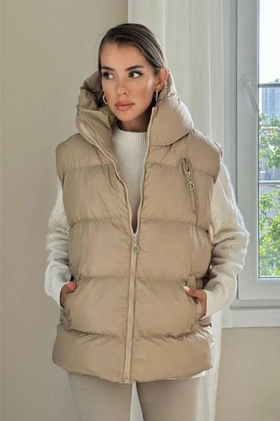 Ded COLLECTION Women's Comfortable Long Length Zipper Detailed Hooded Puffer Vest with Pockets