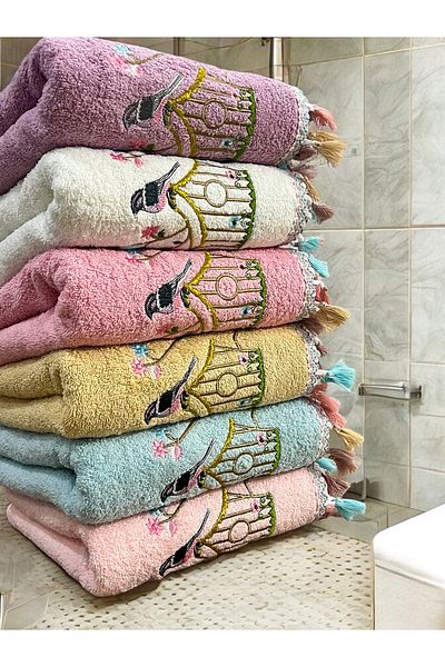 AYHANHOME Cotton Set of 6 Bird Cage Embroidered 50x90 Hand and Face Towels
