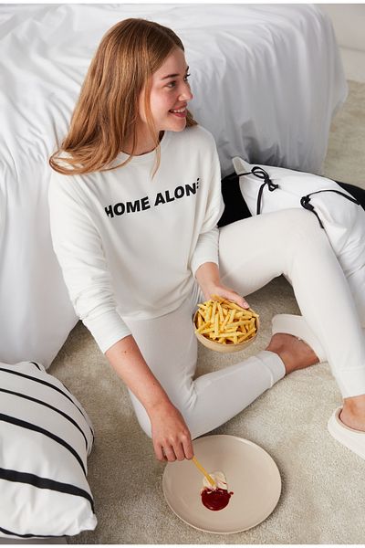 Penti Set de pijamale cu pantaloni termici, alb, singur acasă