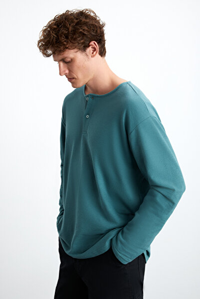 GRIMELANGE Lorenzo Erkek Özel Rustik Dokulu %100 Organik Pamuk Düğme Detaylı Regular Yeşil Sweatshirt