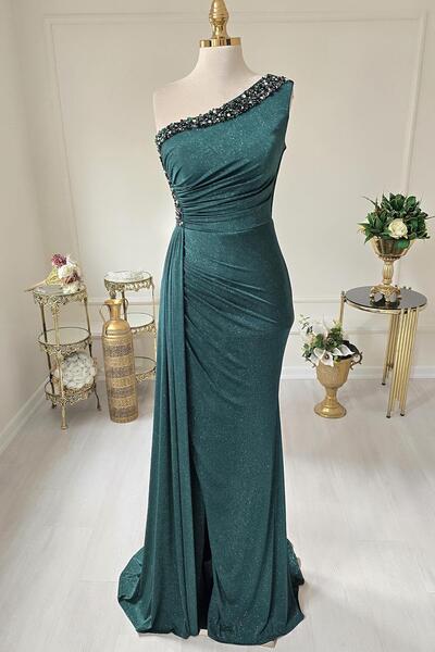 Yonca Moda Evi Zümrüt TEK KOL SİMLİ TÜL ELBİSE 19756