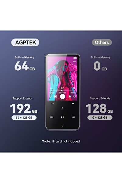 AGPTEK 64GB Bluetooth MP3 Çalar, AGPTEK M3 2.4 İnç Müzik Çalar, Hoparlör