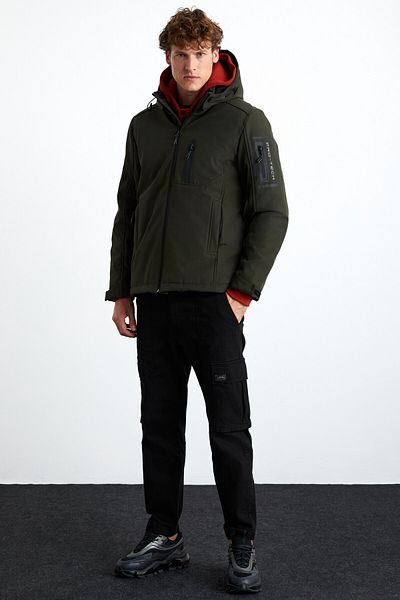 GRIMELANGE Nyborg Men's Detachable Hooded Windproof Pocket Zippered Khaki Coat