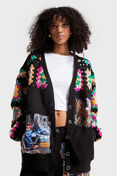 its basic Women's Black Color Ethnic Pattern Printed Oversize Design Cardigan