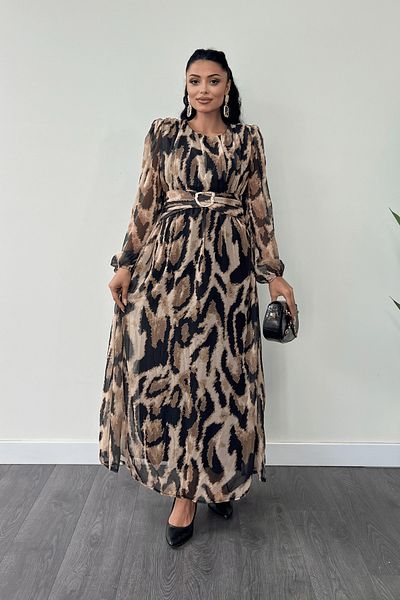 giyimmasalı Καφέ Maxi Chiffon Φόρεμα - Με Λεπτομέρεια Ζώνης