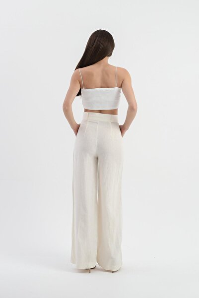 VAPUR TEKSTİL High Waist Ecru Linen Trousers - Wide Leg