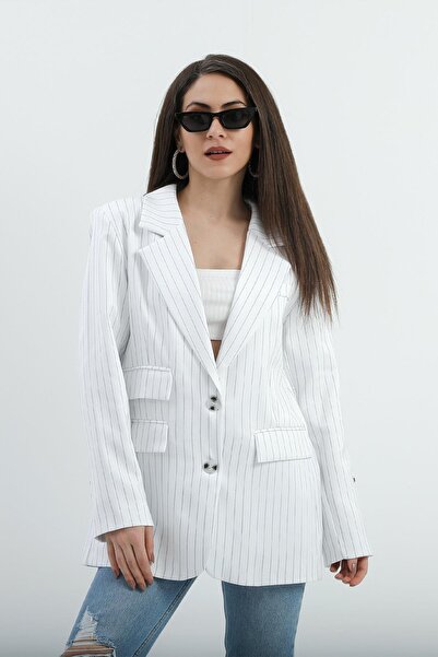 VAPUR TEKSTİL Ecru Striped Polyviscon Jacket - Three Pocket Flap