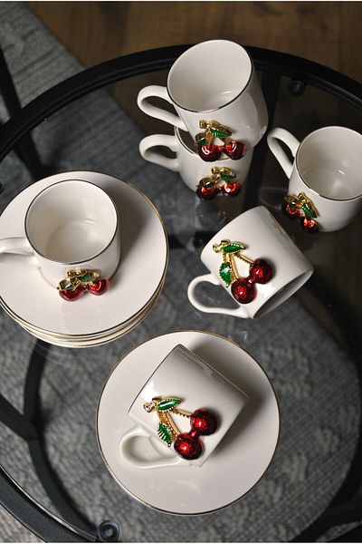 Qualitev Fenomen Gold Gilt Cherry 12 Pieces 6 Person Porcelain Coffee Cup Set - Cherry Embroidered