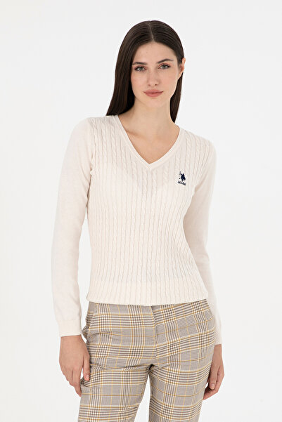 U.S. Polo Assn. Pulover de bază crem pentru damă, cu decolteu în V 50289486-VR071